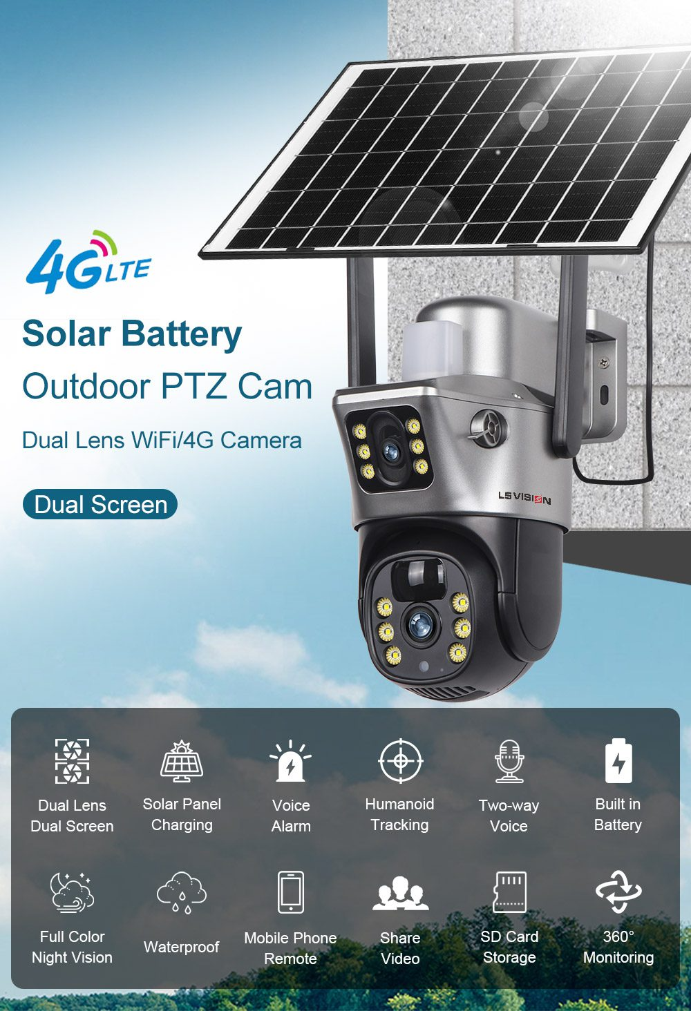 LS VISION V380 LS-CS3-4G-EU 2K 4G/Wifi Dual Lens PTZ 8W ...