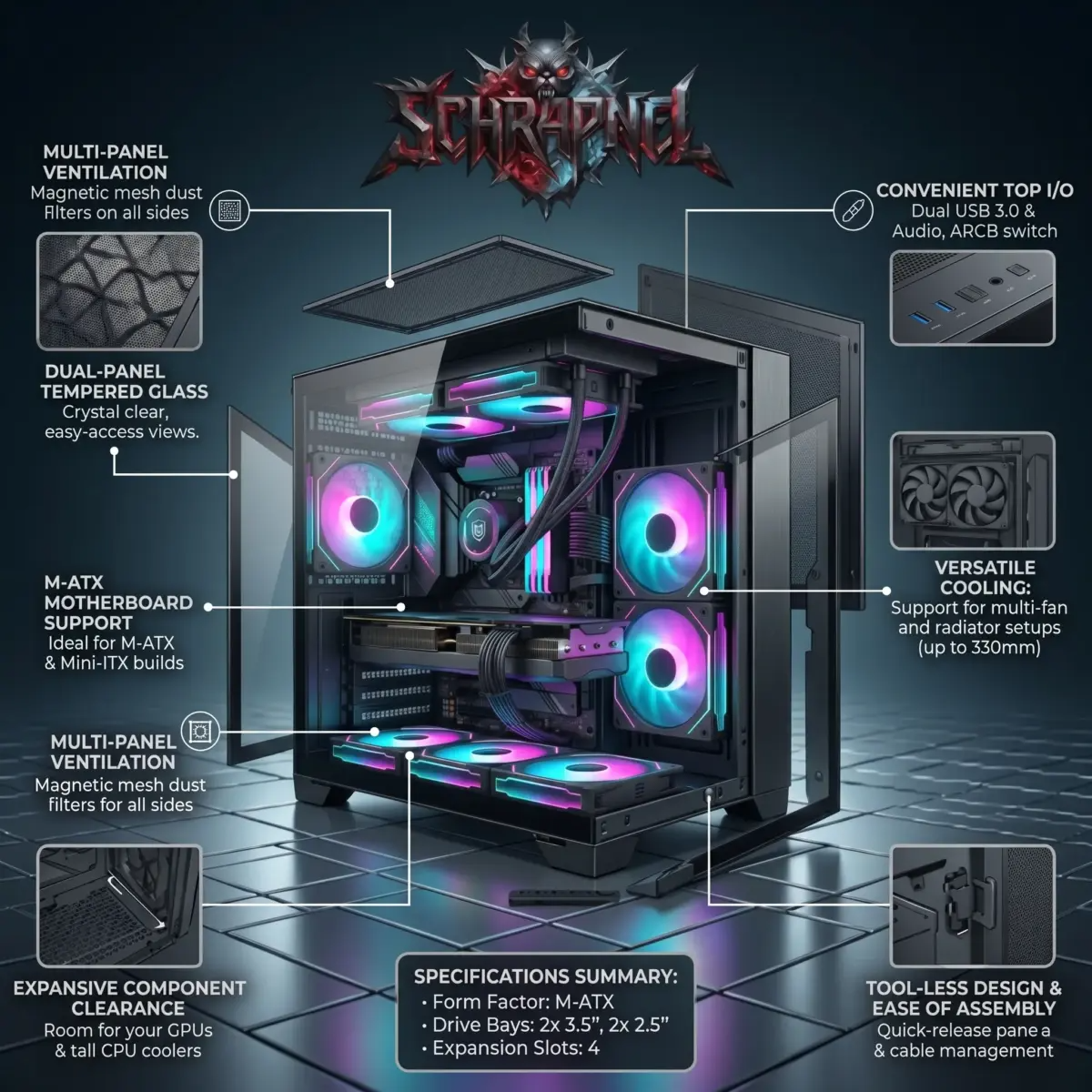 Schrapnel Obscurum M-ATX Gaming Case, Tempered Glass Mid-Tower, Micro ATX/ITX Support, 7-Fan Layout, 240mm AIO, 330mm GPU Clearance | BLACK