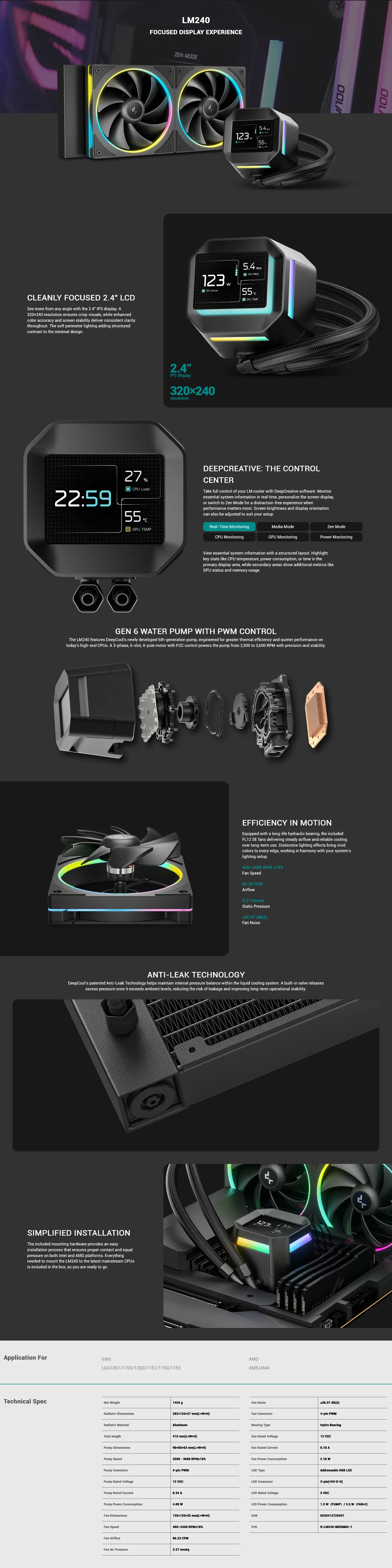 DeepCool LM240 LCD Display 240mm ARGB AIO Liquid CPU Cooler - Black - R- LM240-BKDMMC-1 | Mwave