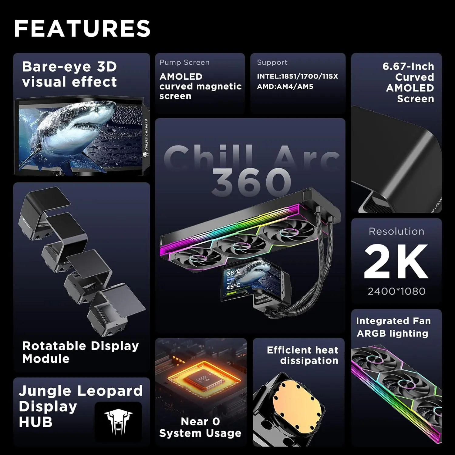 Jungle Leopard Chill Arc 360mm AIO Liquid Cooler with 6.67 Inch AMOLED  Rotatable Display Hi-Res., 320W TDP Cooling, 360mm Radiator, USB Control ...