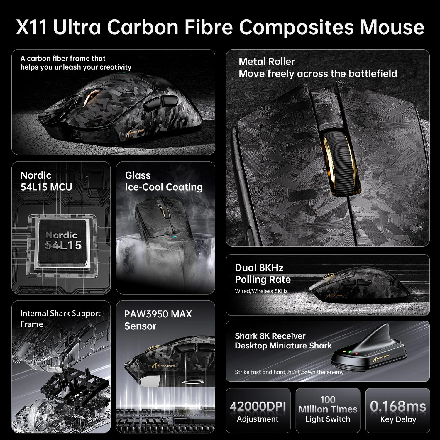 ATTACK SHARK X11 ULTRA Carbon Fiber Wireless 8K PAW3950MAX Gaming Mouse