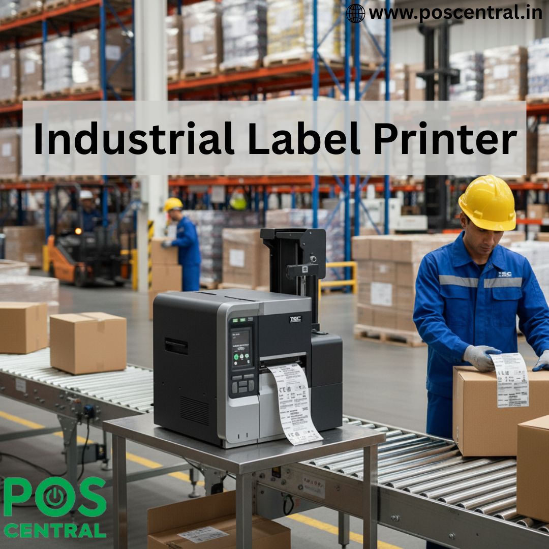 Industrial label printer printing barcode labels on boxes in a manufacturing production line.