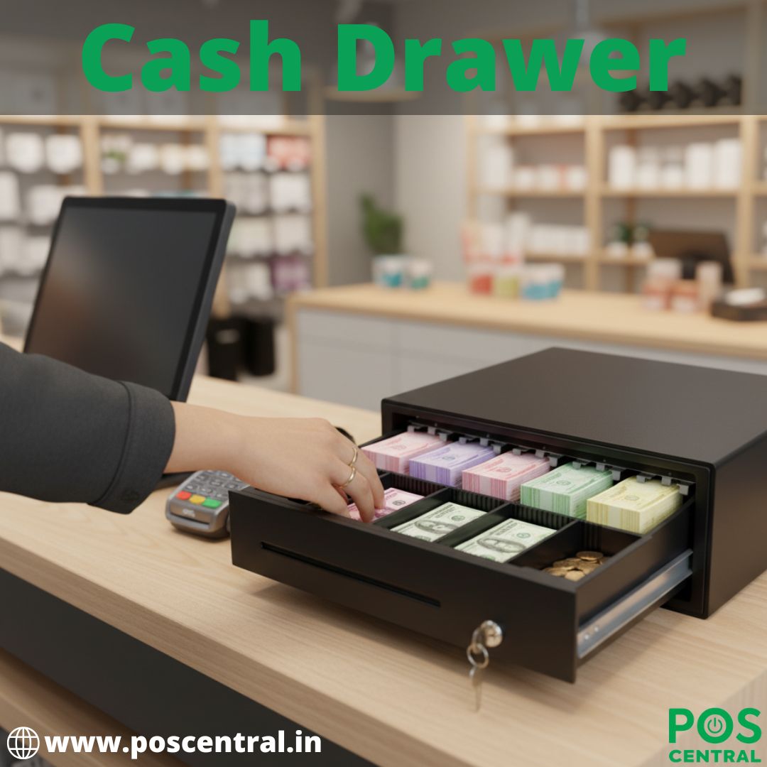 Automatic cash drawer for retail shop placed on a modern billing counter