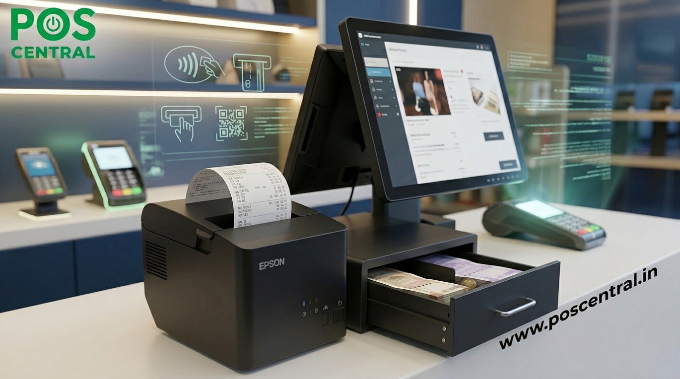 Modern receipt printer machine for fast billing in 2026 with professional retail checkout background and POS branding by POS Central India.