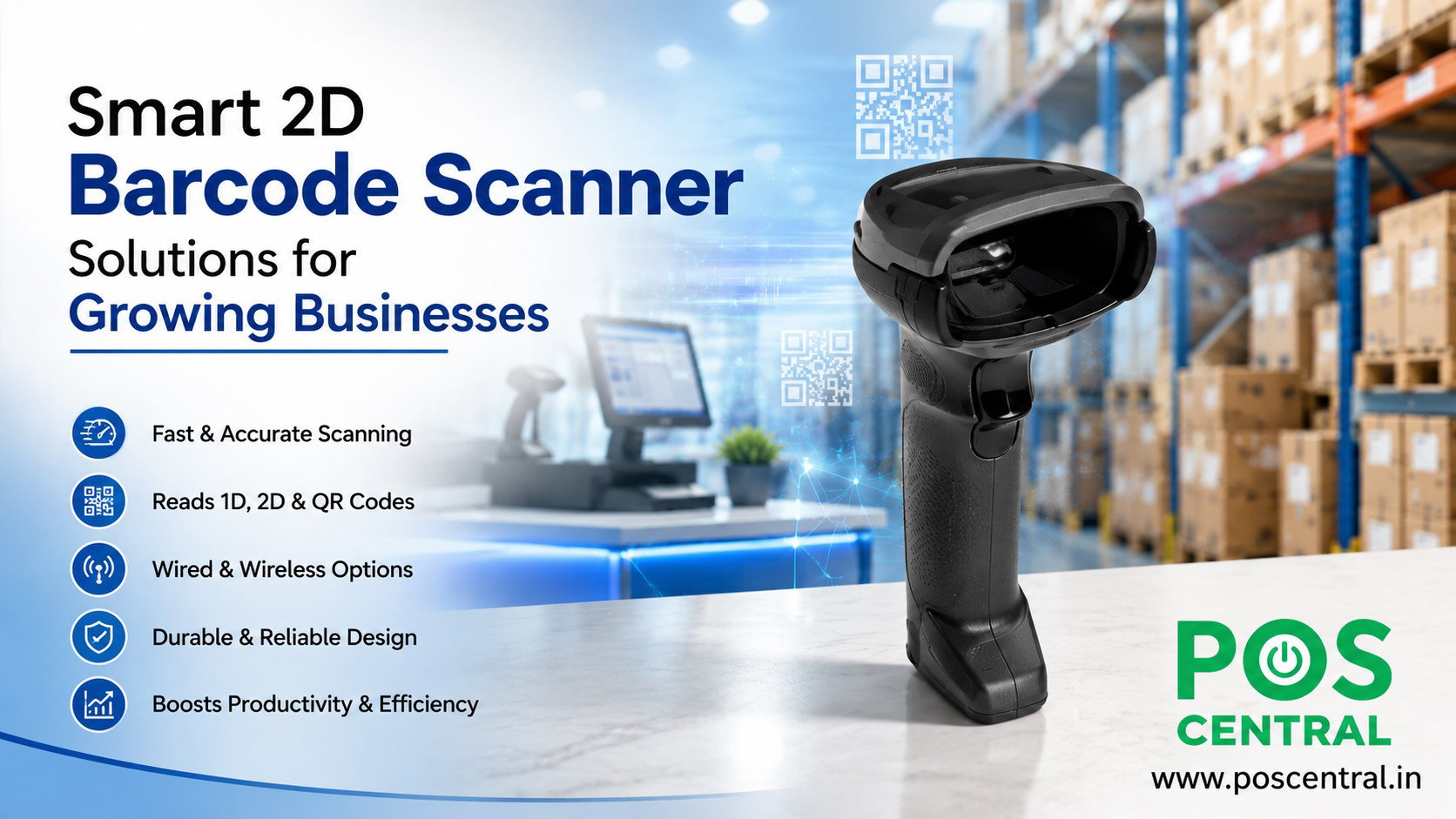 Smart 2D Barcode Scanner for retail, warehouse, and POS businesses