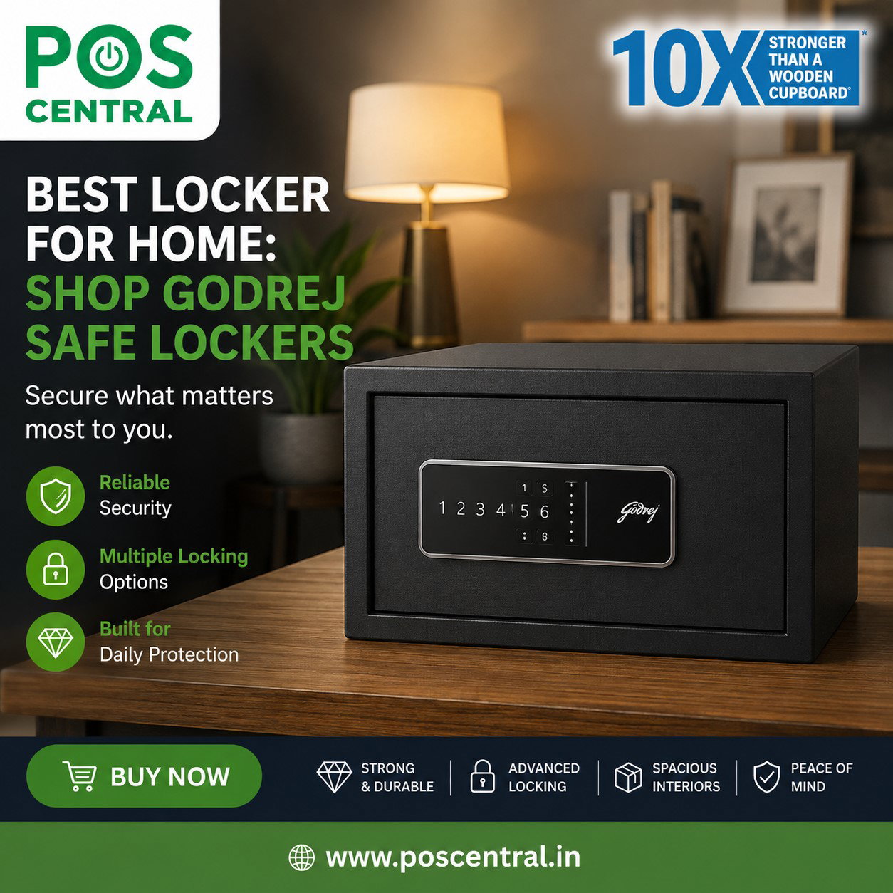 Godrej safe locker for home with digital lock on wooden table
