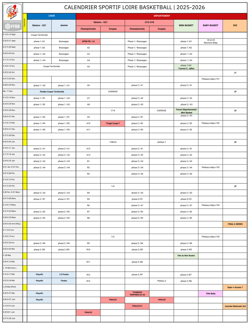 Calendrier général saison 2025-2026