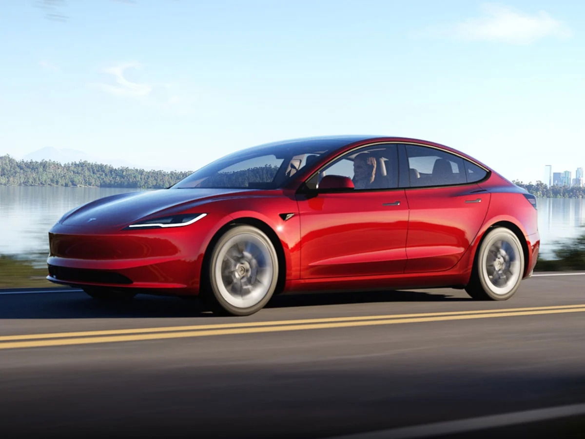 2024 Tesla Model 3 Red Front Quarter View via JD Power.