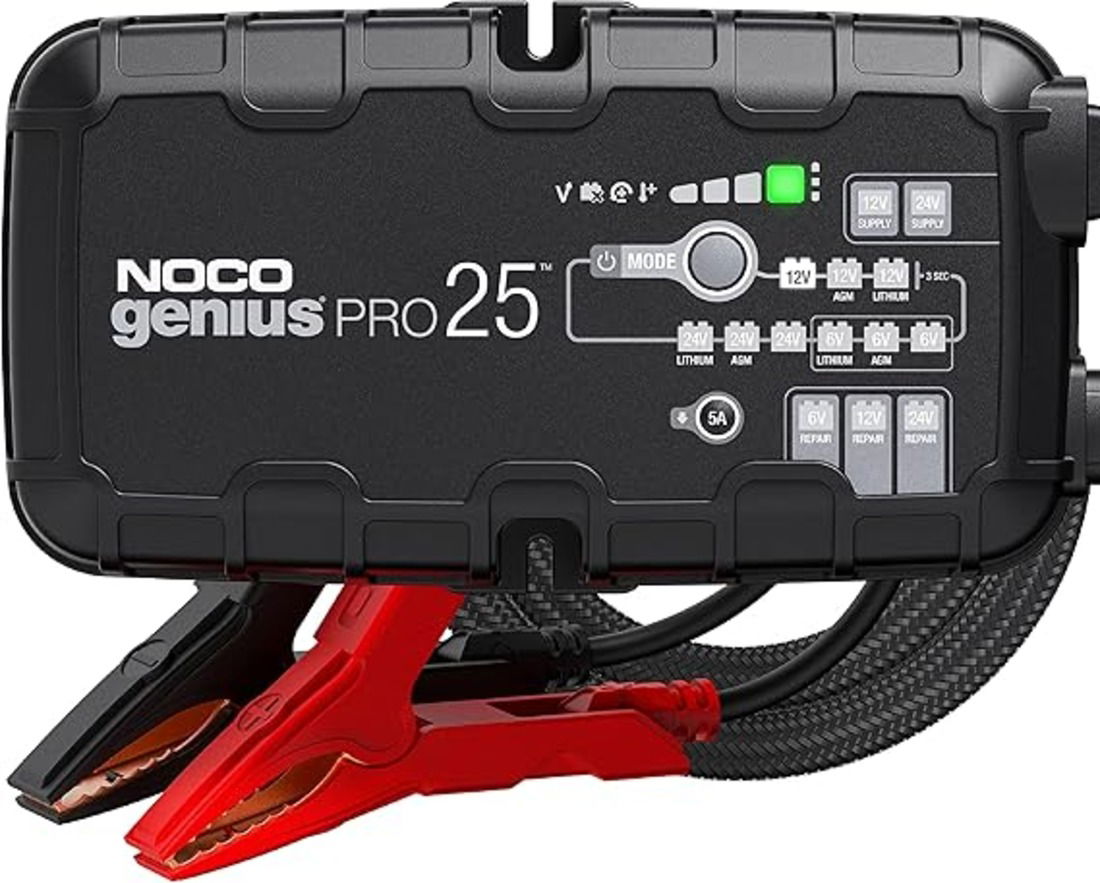 Mechanic tool set for car owners: battery charger.