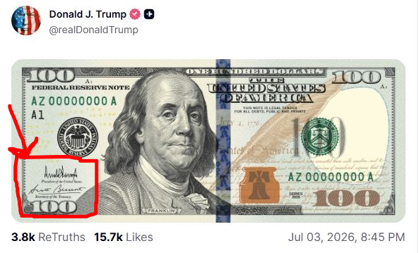 New $100 bill with President Trump's signature.