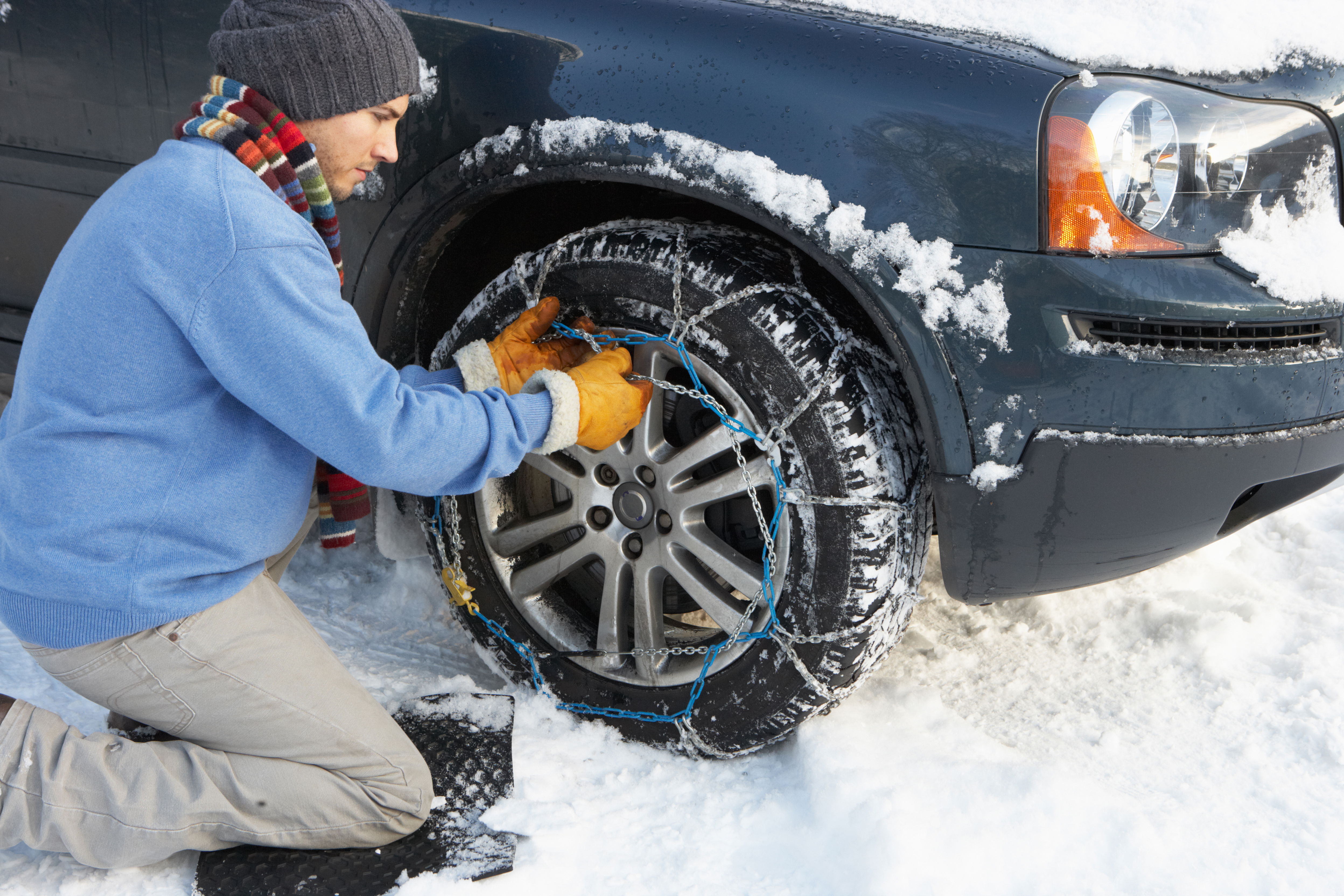 Winter driving survival kit: tire chains and traction mats