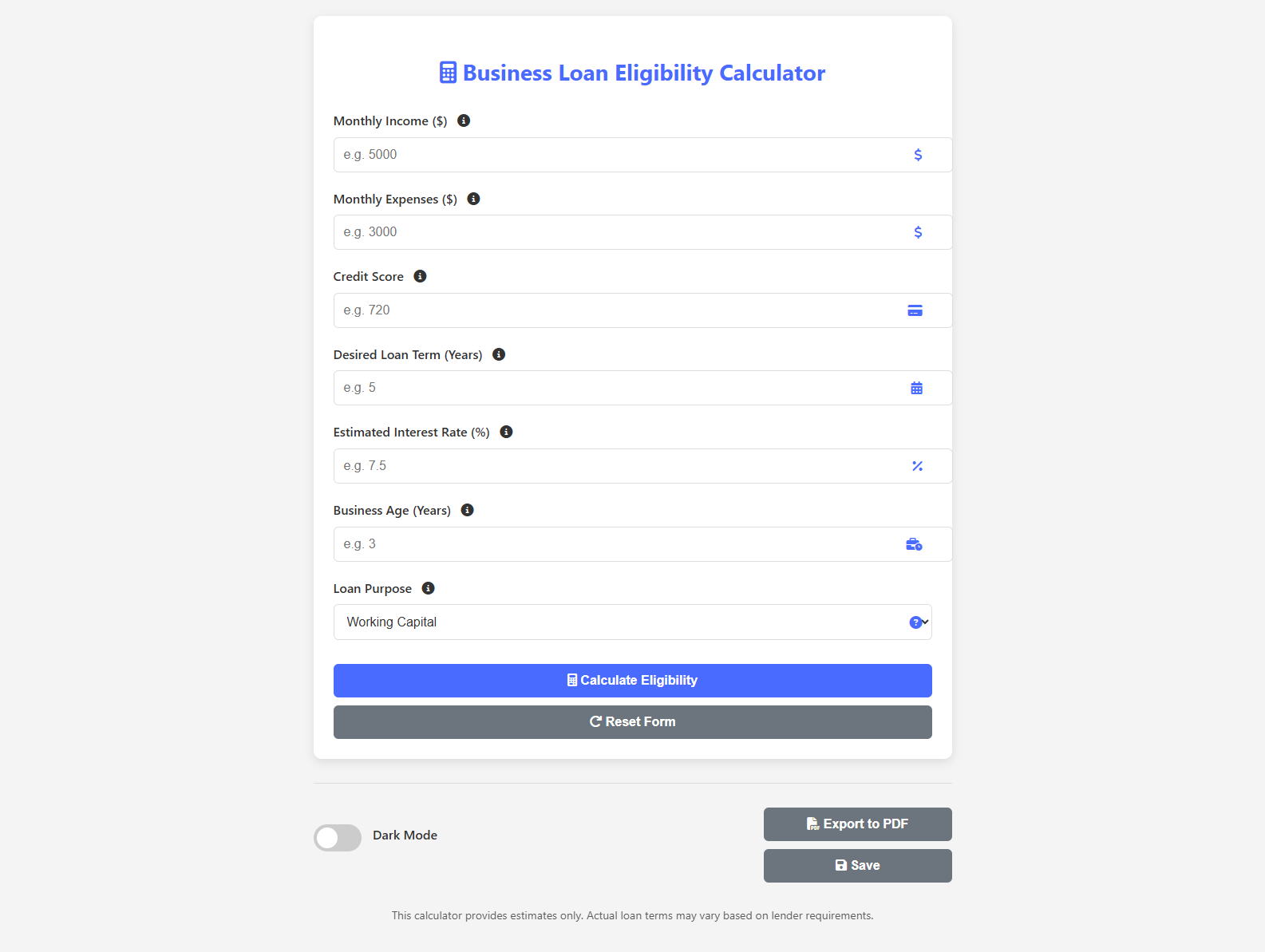 Business Loan Eligibility Calculator