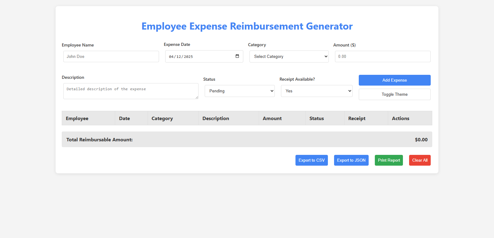 Employee Expense Reimbursement Generator