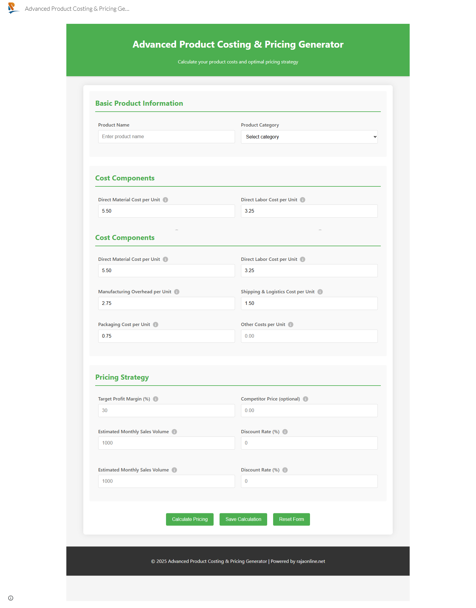 Advanced Product Costing & Pricing Generator