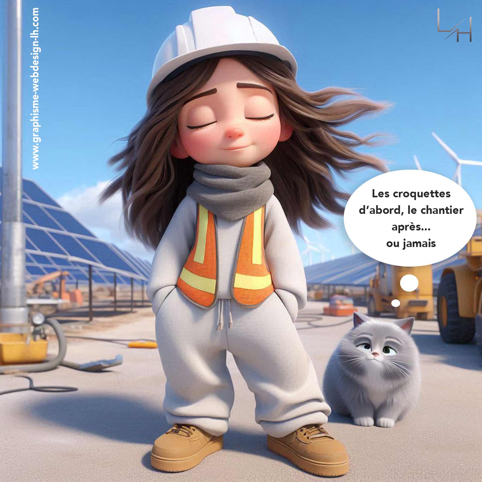 image femme chantier avec son chat