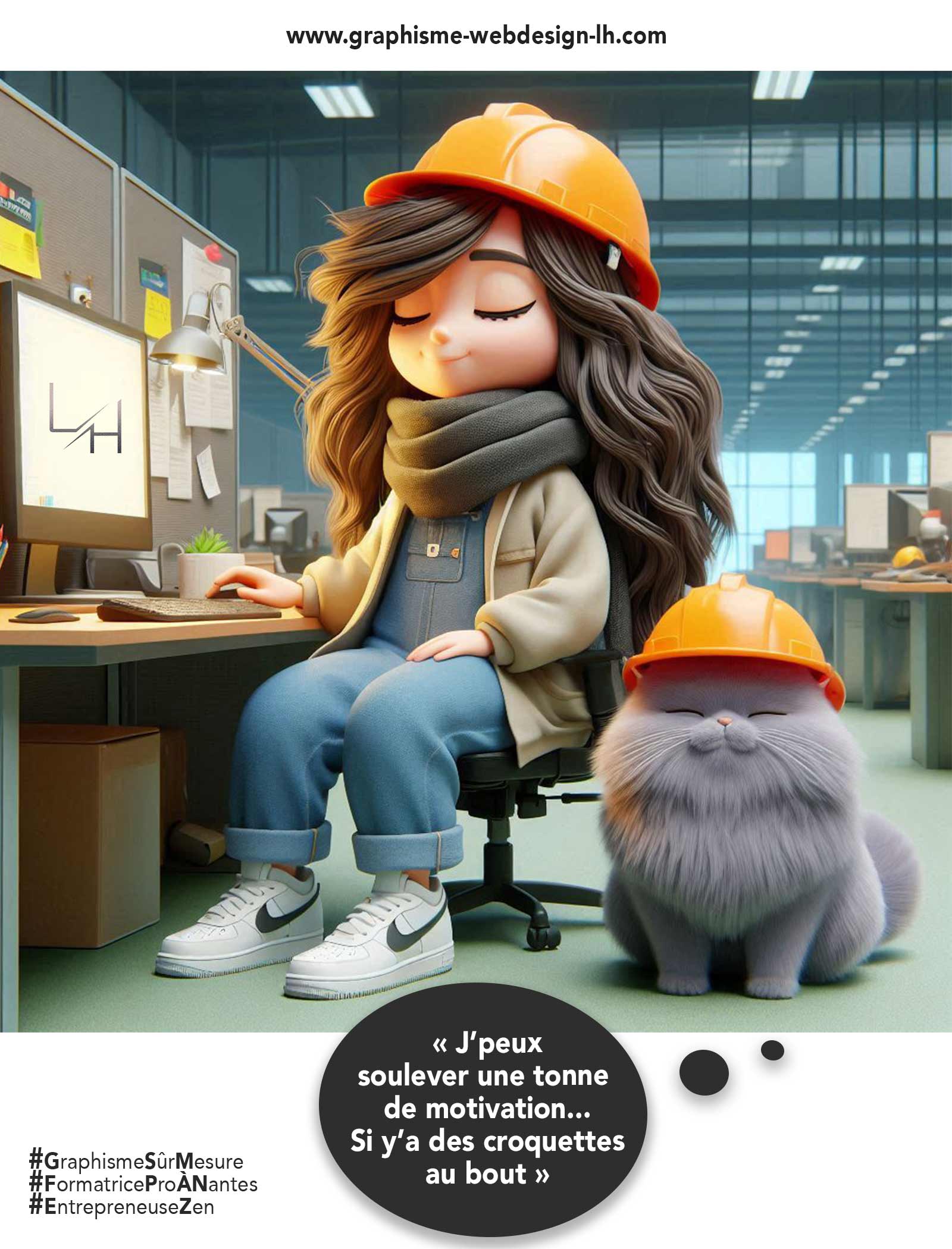 cheffe de chantier femme avec son chat au bureau