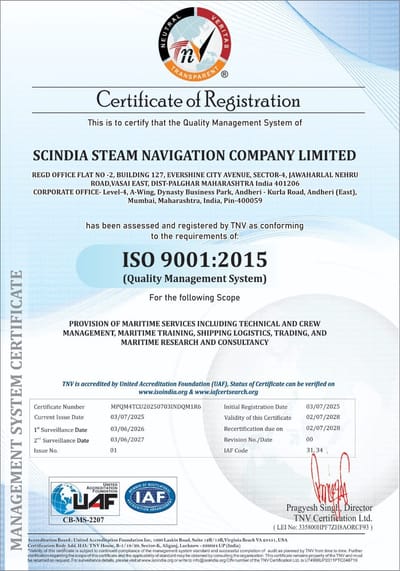 ISO 9001:2015 to Scindia For Quality Management System by TNV
