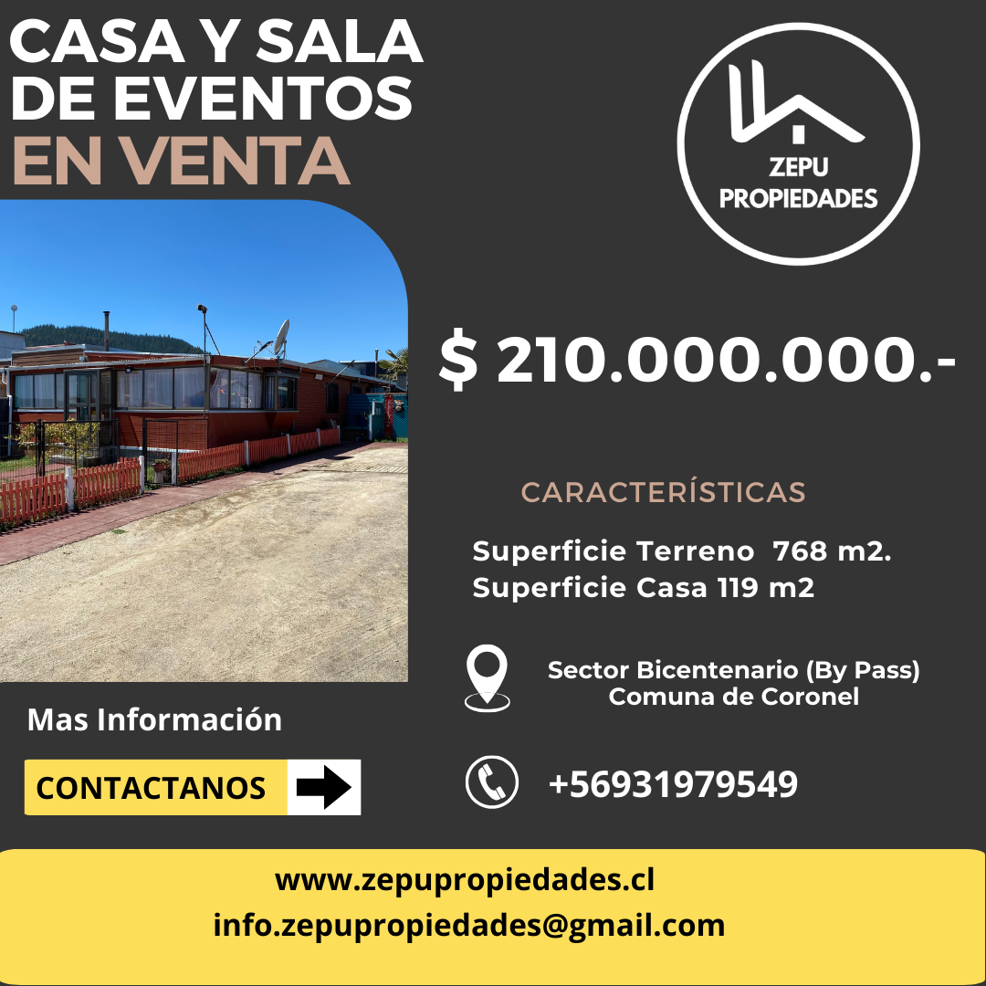 Venta de Casa y Salón de Eventos en amplio terreno en el Sector Bicentenario (By Pass), Coronel!
