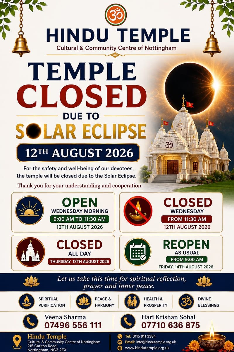 Solar Eclipse - 12th August 2026 - Temple Closed after 11:30AM