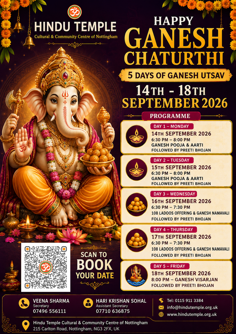 Ganesh Chaturthi 14th - 18th September 2026 @ 6:30pm