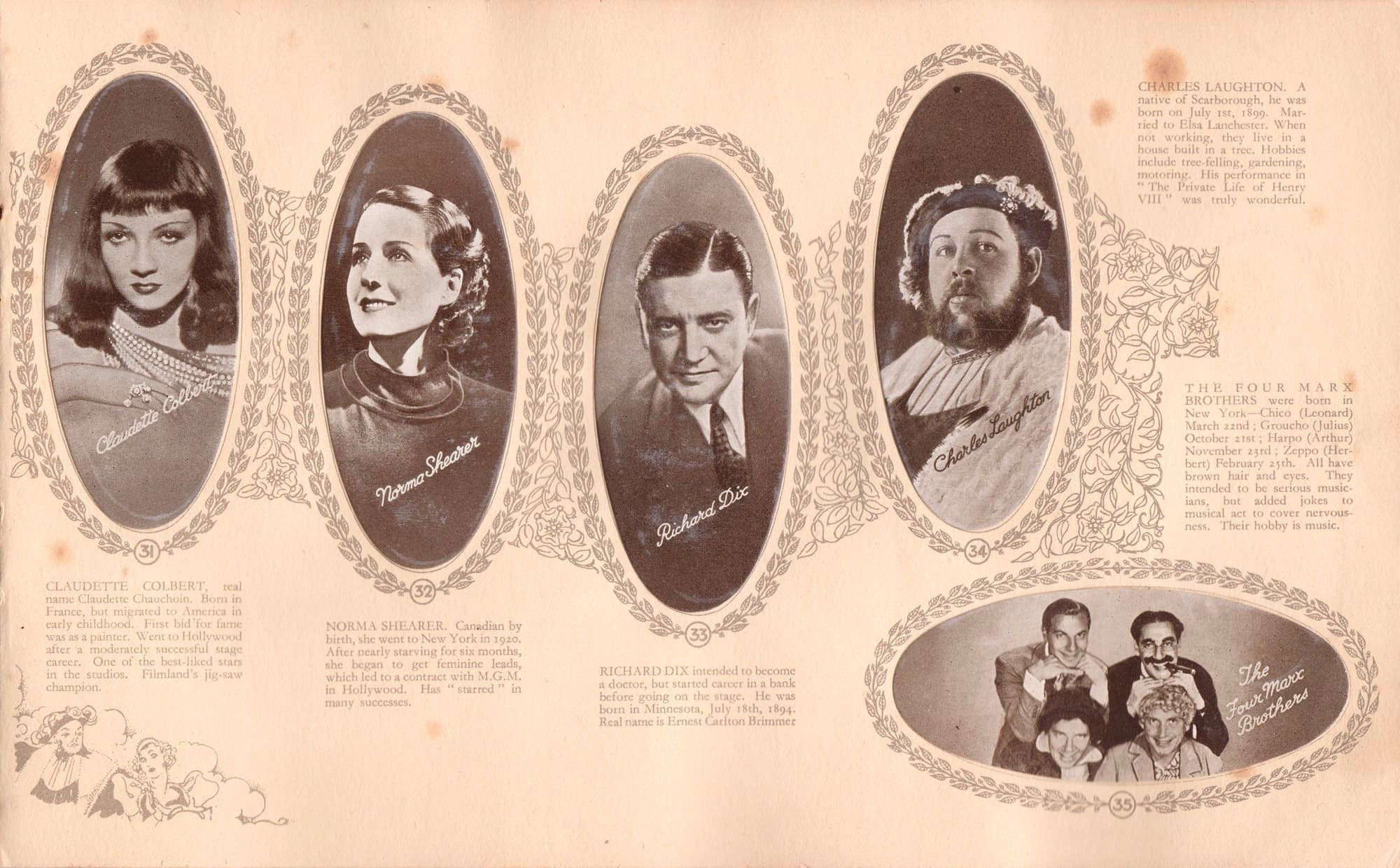 CLAUDETTE COLBERT -  NORMA SHEARER - RICHARD DIX - CHARLES LAUGHTON - THE FOUR MARX