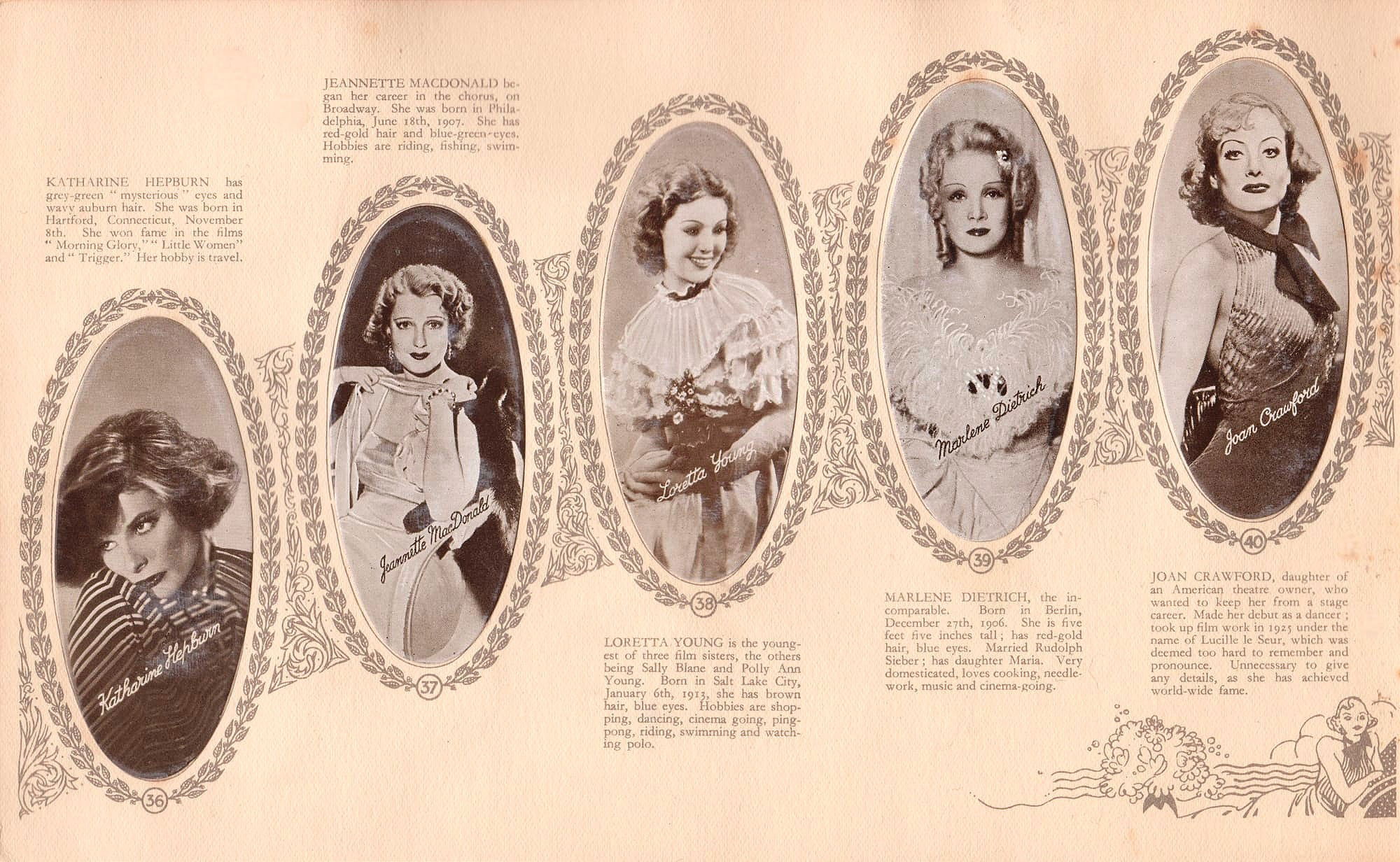 KATHARINE HEPBURN - JEANNETTE MACDONALD - LORETTA YOUNG - MARLENE DIETRICH - JOAN CRAWFORD