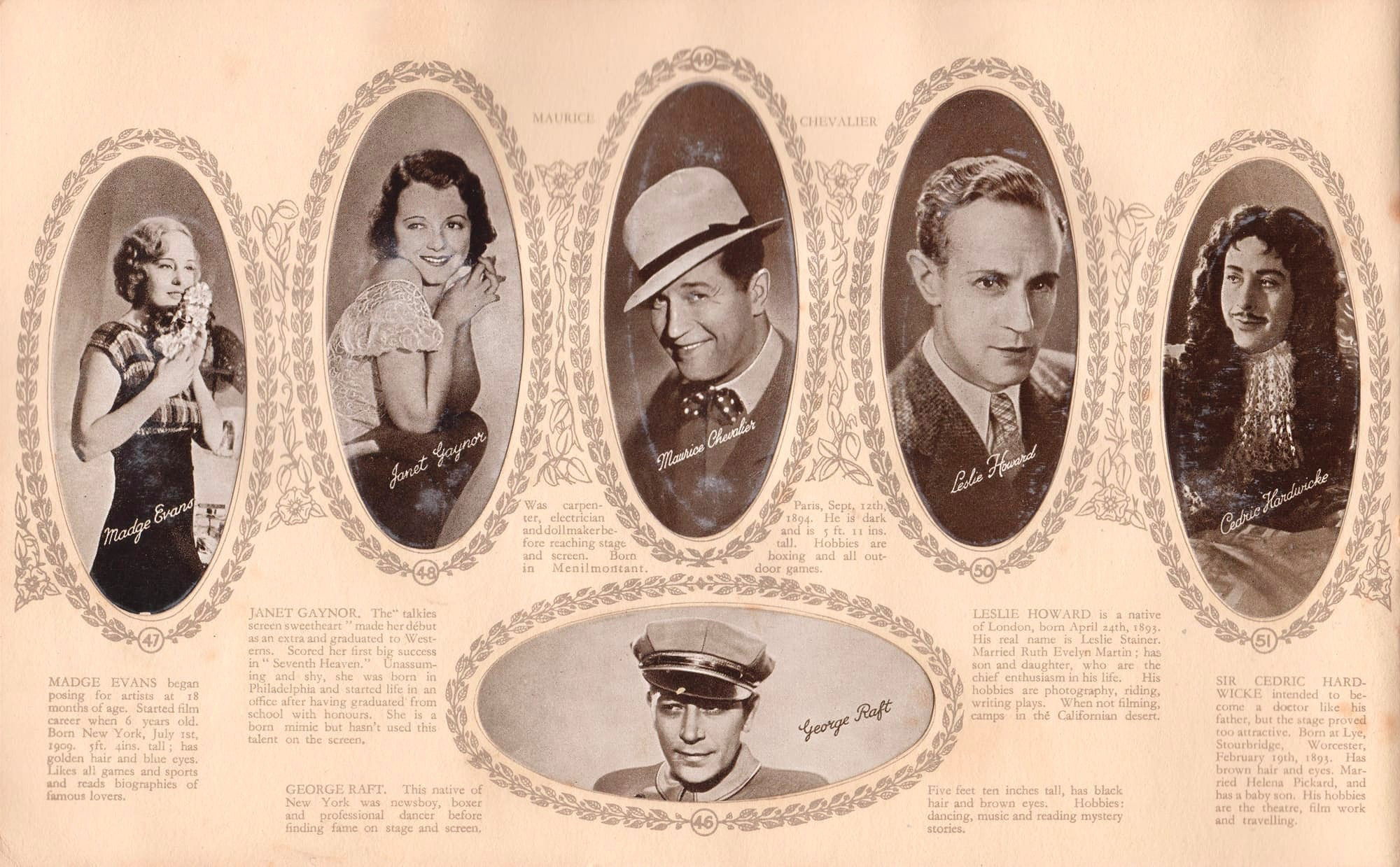 GEORGE RAFT - MADGE EVANS - JANE GAYNOR - MAURICE CHEVALIER - LESLIE HOWARD - SIR CEDRIC HARDWICKE