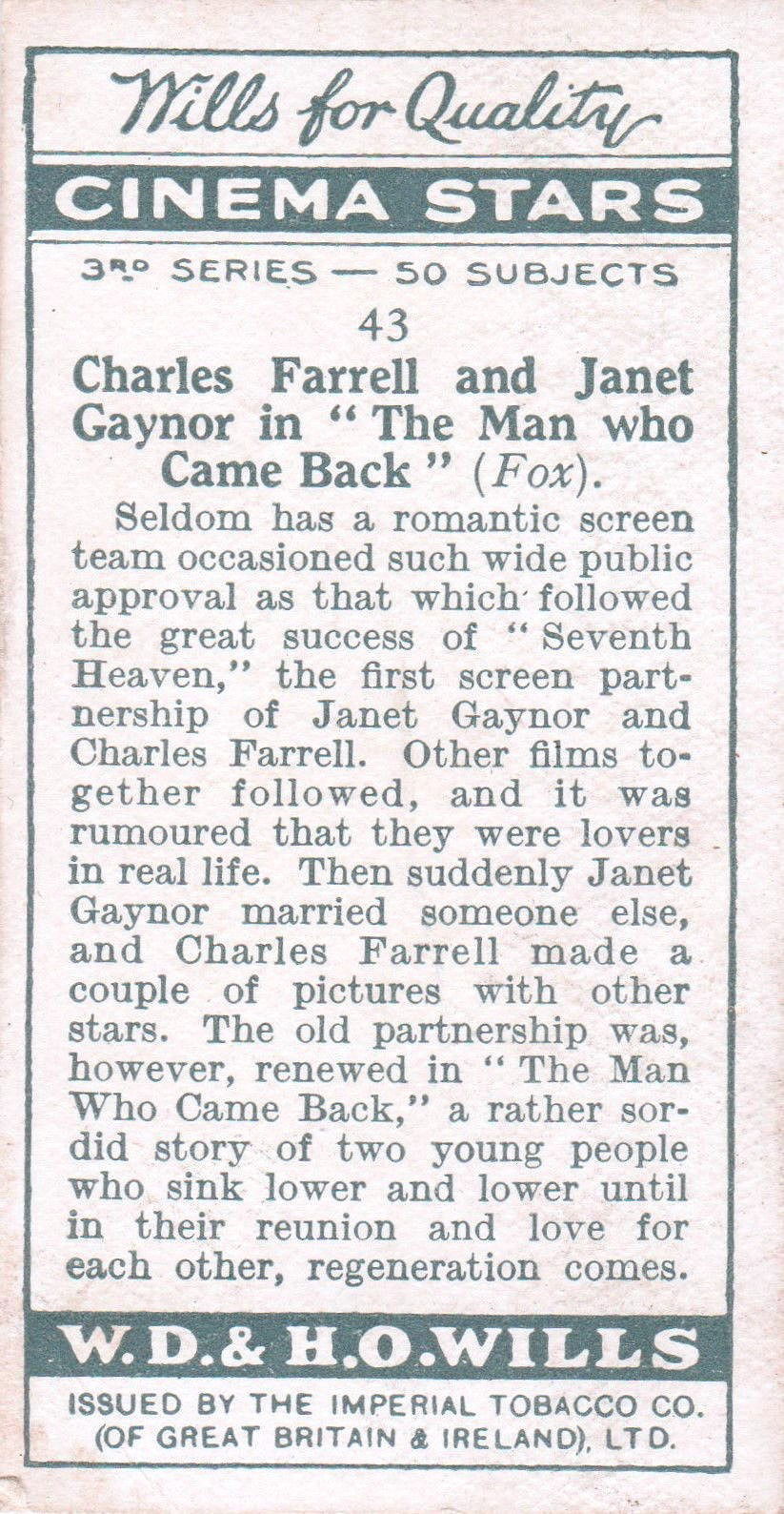 CHARLES FARRELL & JANET GAYNOR in "THE MAN WHO CAME BACK"