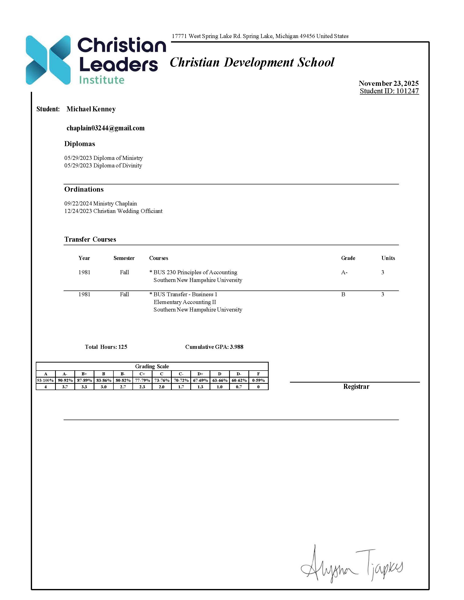 Christian Leaders Student Transcript