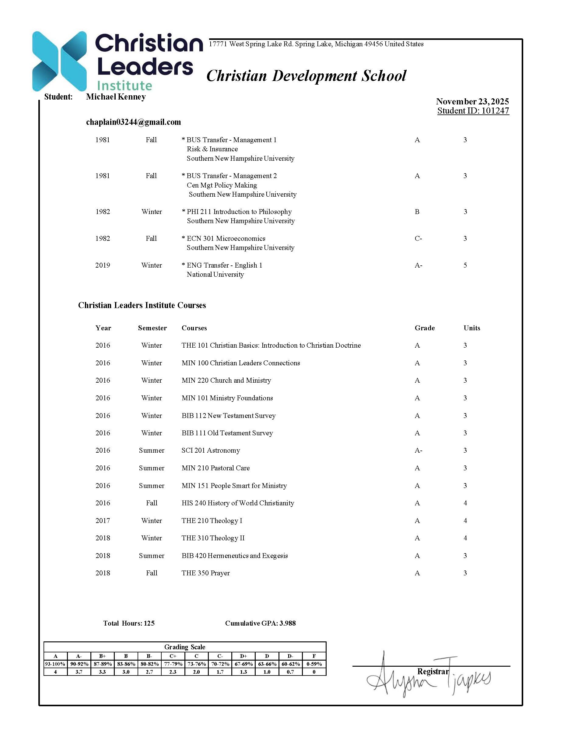 Christian Leaders Student Transcript