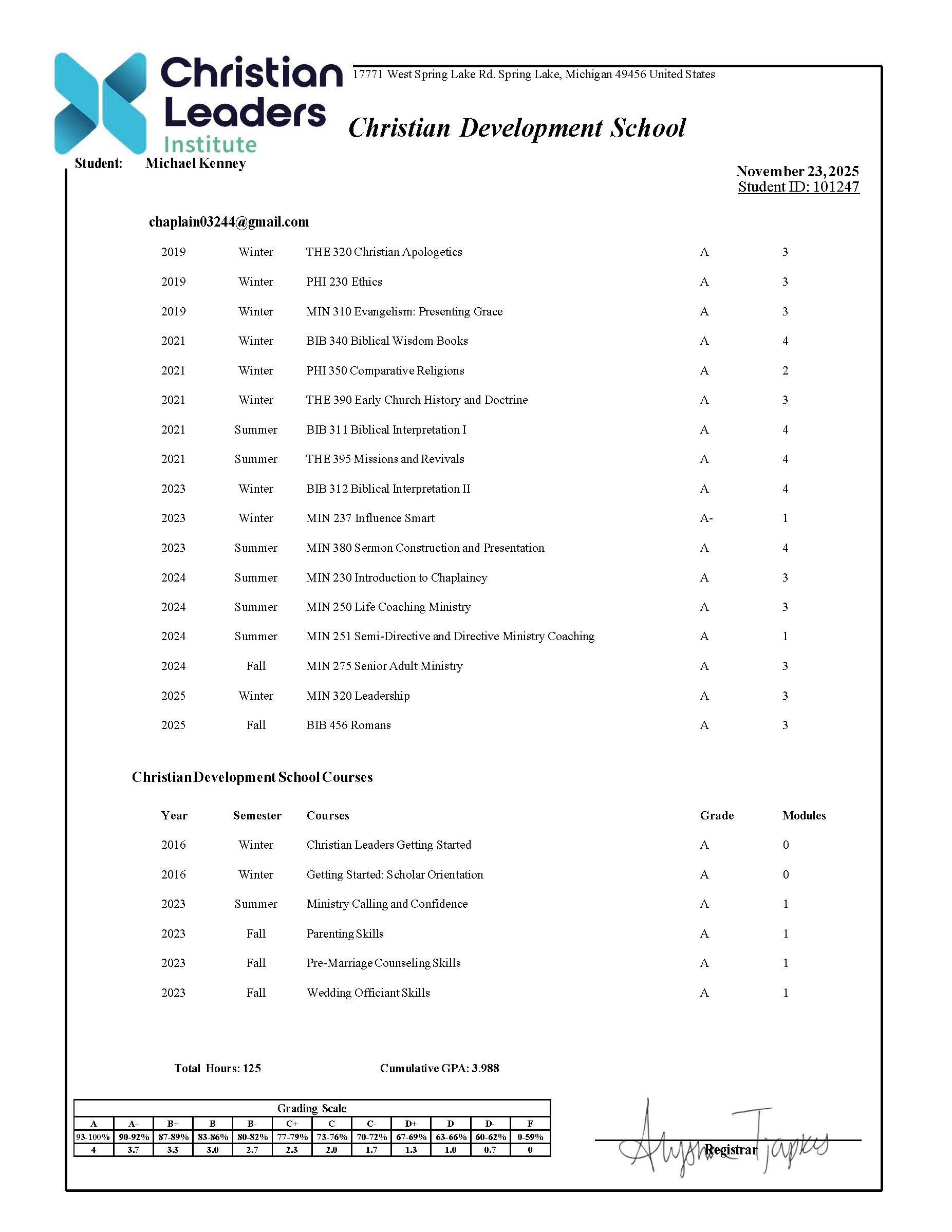 Christian Leaders Student Transcript