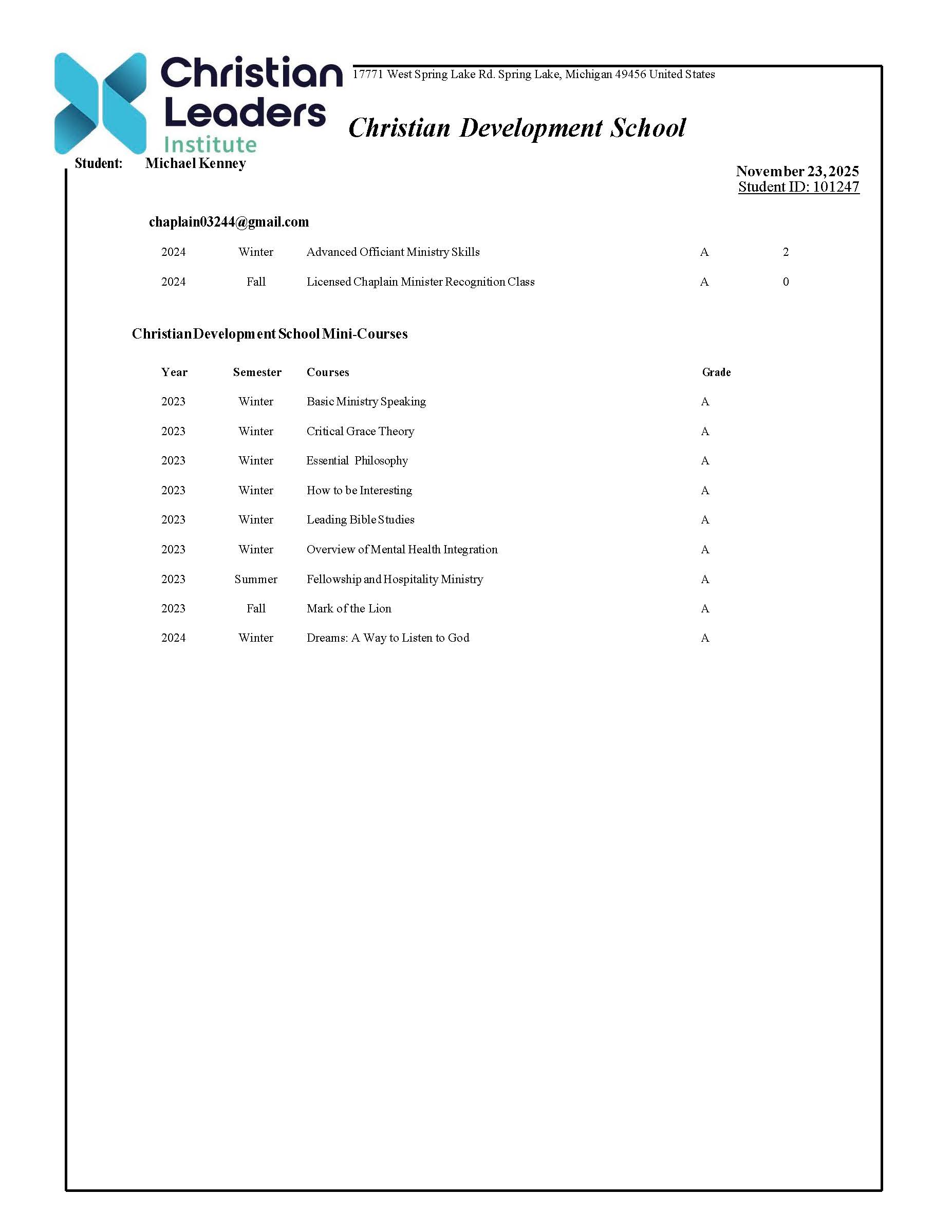 Christian Leaders Student Transcript