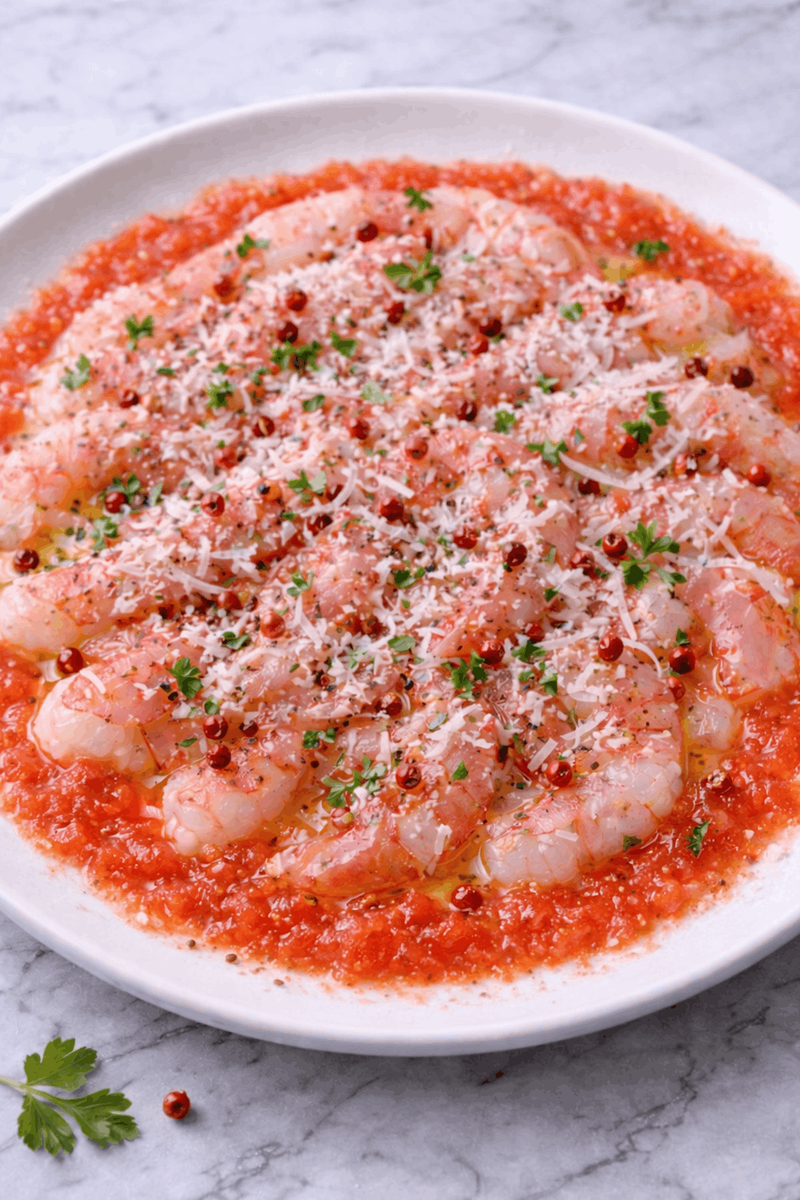 Carpaccio de Gamba roja al perfume de la pimienta rosa