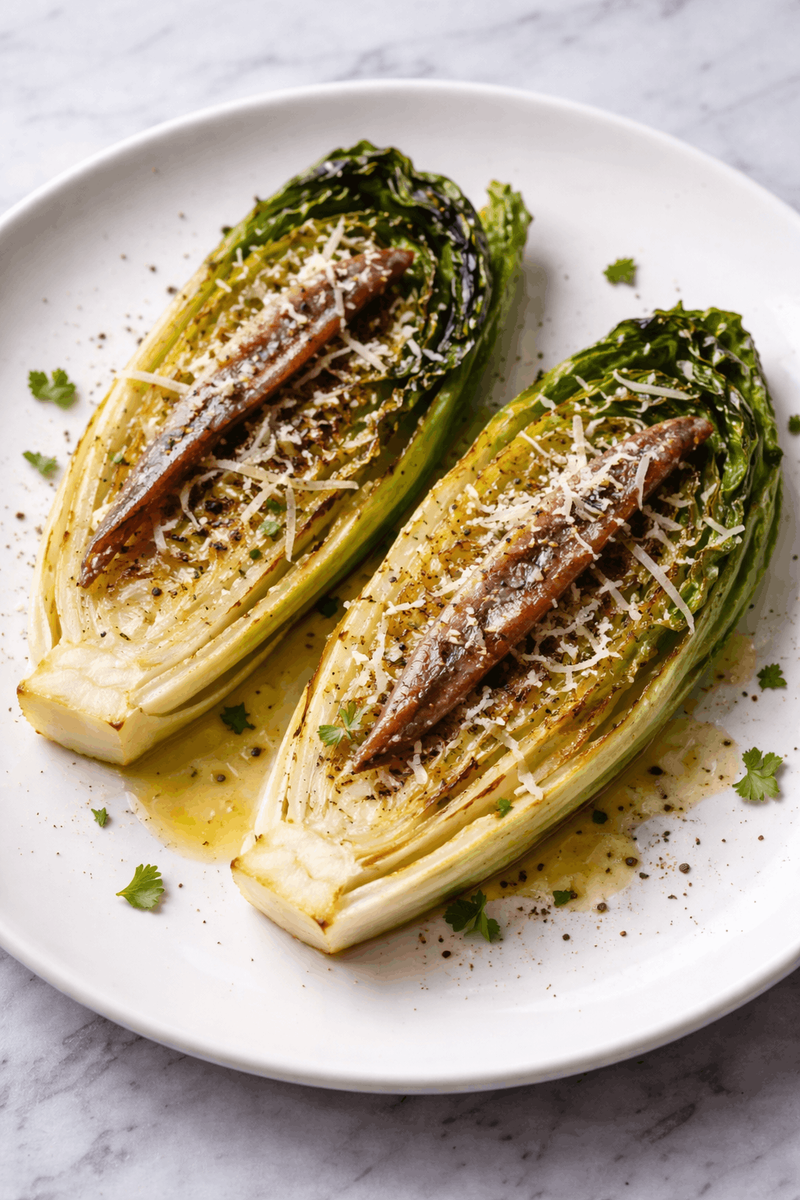 Cogollos de Lechuga a la Plancha con Anchoas y Queso Gratinado