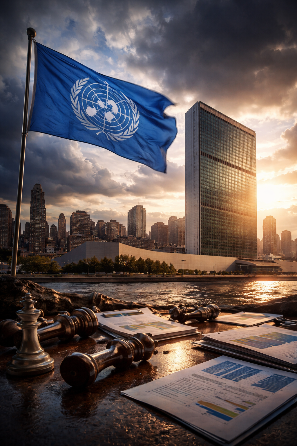 Bandera azul de la ONU ondeando al atardecer frente al edificio principal en Nueva York; en primer plano, piezas de ajedrez caídas y documentos financieros sobre una superficie húmeda, simbolizando crisis, tensión estratégica y desafíos presupuestarios del organismo internacional.