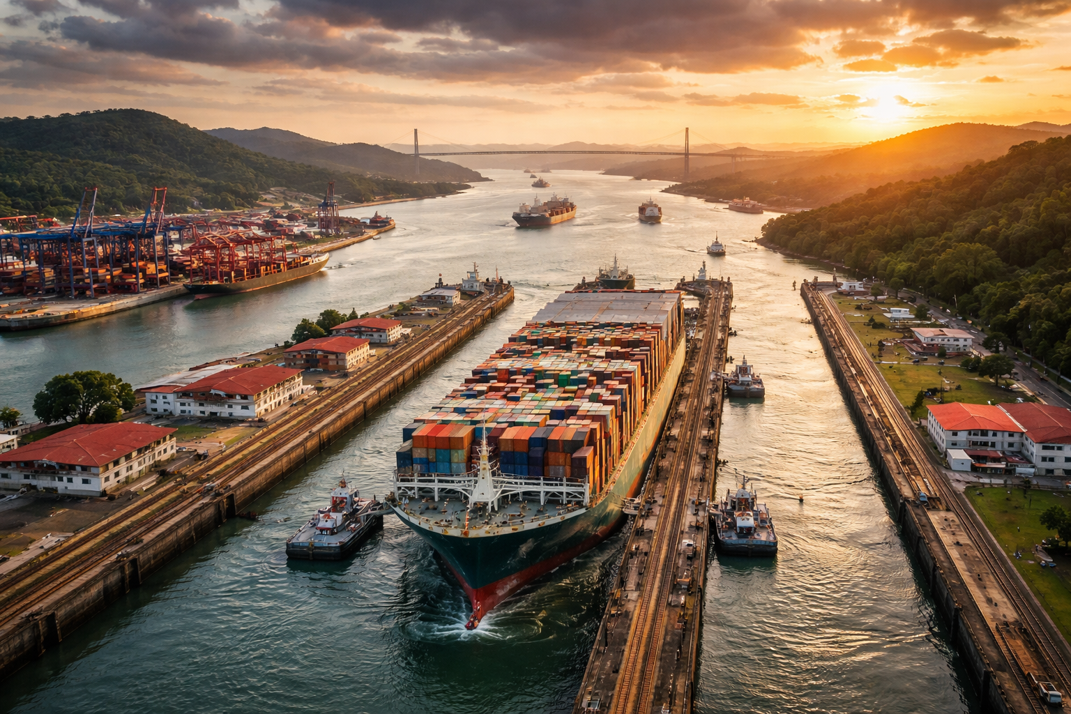 Buque portacontenedores atravesando el Canal de Panamá al atardecer, infraestructura clave del comercio mundial y punto estratégico en la rivalidad geopolítica global.