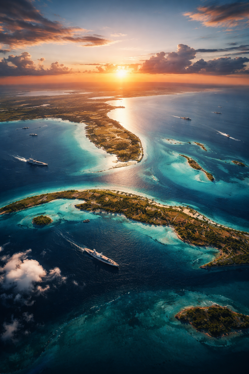Imagen aérea al atardecer de la isla de Cuba rodeada por aguas turquesa y azul profundo, con varios buques navegando en rutas marítimas cercanas; el sol se encuentra en el horizonte iluminando la costa y resaltando la ubicación estratégica de la isla en el Caribe.