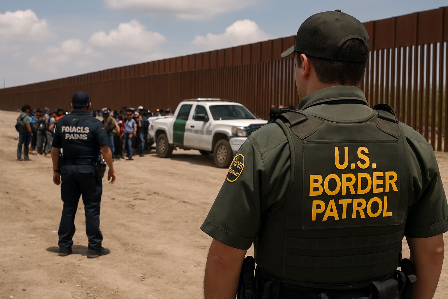 Fotografía de una escena fronteriza: un agente de la Patrulla Fronteriza de EE. UU. y un oficial de la Policía Federal mexicana observan a un grupo de migrantes reunidos frente a un muro fronterizo de metal. Al fondo, una camioneta oficial de CBP está estacionada.