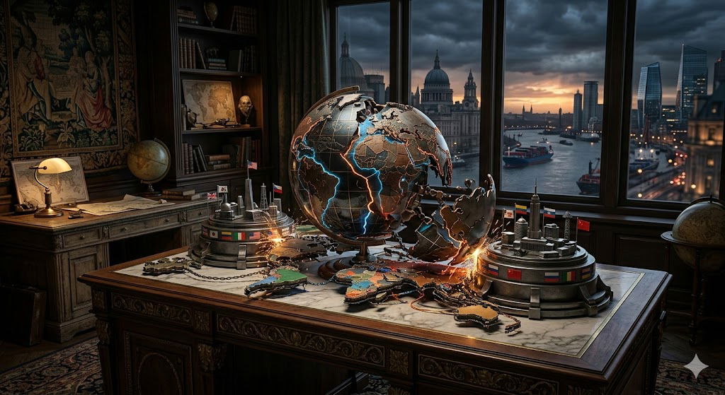 Imagen de un despacho geopolítico donde un globo terráqueo mecánico se fractura y reconfigura en el centro, simbolizando la ruptura del orden antiguo y la fragmentación hacia nuevos bloques de poder.