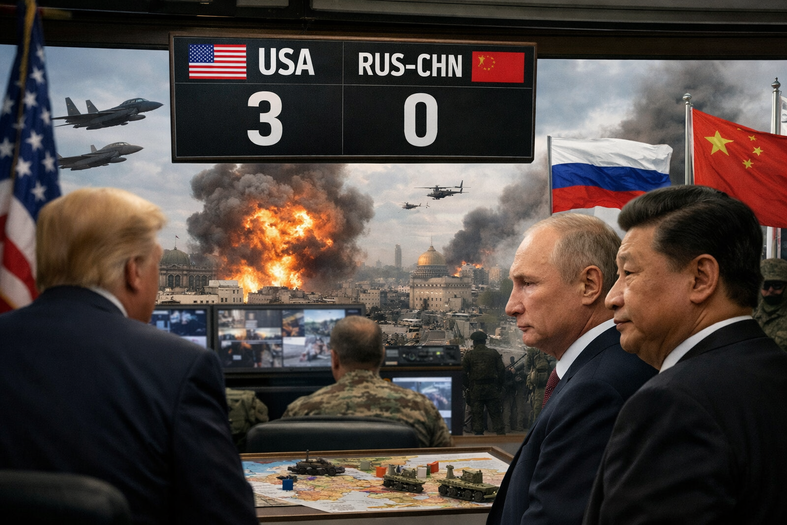 La imagen muestra a los presidentes Trump, Putin y Xi dentro de un palco de transmisiones de un partido de futbol, donde el marcador es de 3-0 a favor de Estados Unidos.