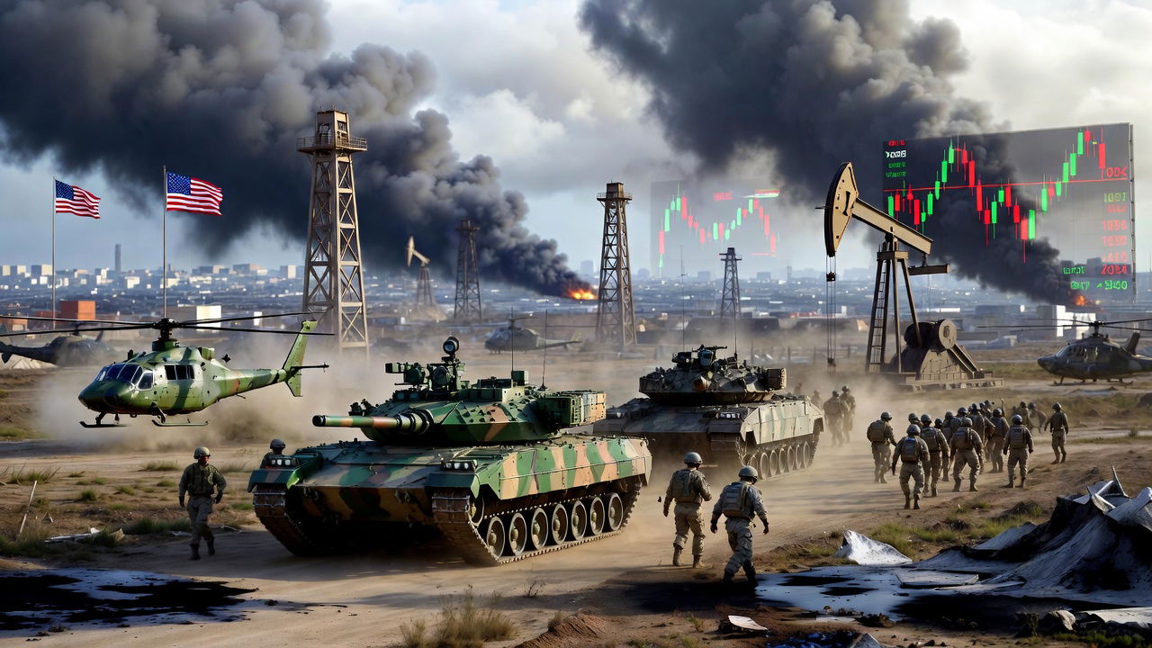 La imagen muestra al ejército de los Estados Unidos combatiendo en varios frentes de Oriente Medio