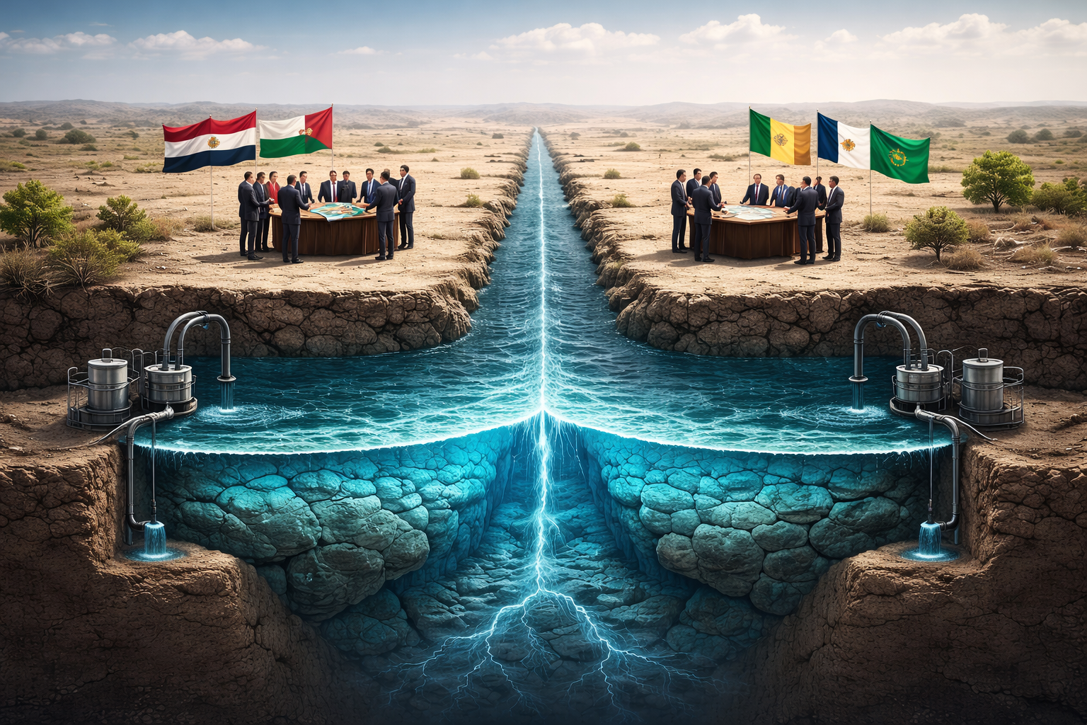Ilustración hiperrealista de un paisaje árido dividido en dos países donde diplomáticos negocian en la superficie mientras, bajo tierra, un acuífero compartido muestra flujos de agua conectando ambos territorios y sistemas de extracción subterránea.