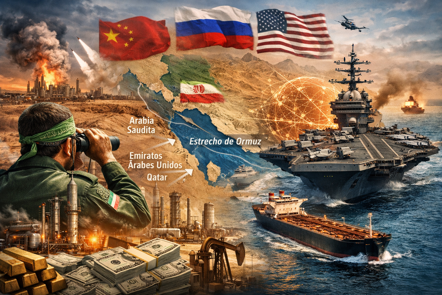 La imagen presenta a una milicia iraní observando los movimientos del enemigo en el Golfo Pérsico