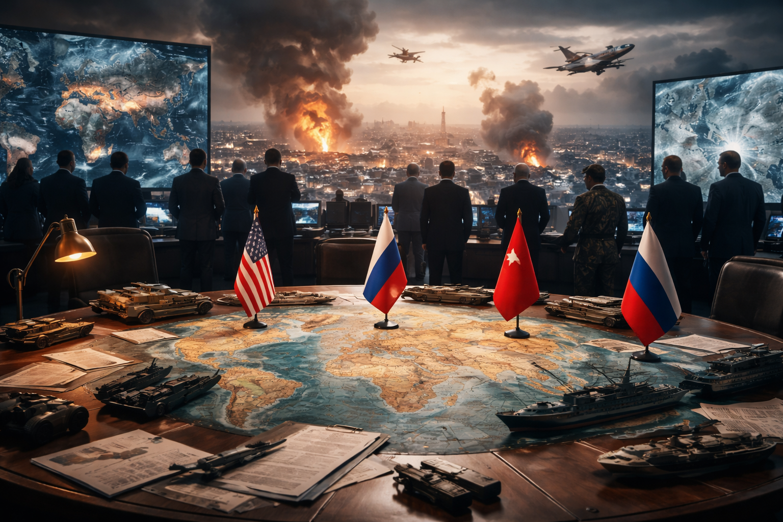 Centro de mando estratégico donde líderes políticos y militares observan un mapa mundial mientras explosiones y aviones de combate se ven a lo lejos sobre una ciudad, simbolizando las tensiones geopolíticas globales y el debate sobre una posible guerra mundial.