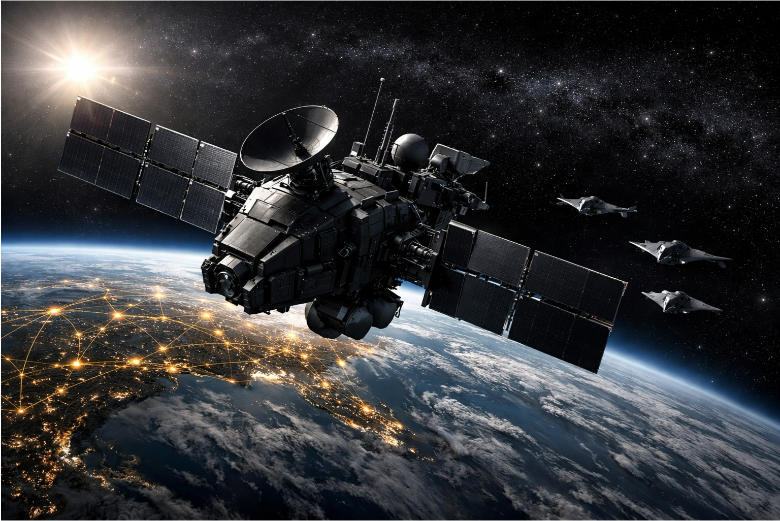 Un satélite seguido por aviones bombarderos furtivos en el espacio exterior, sobre la Tierra.