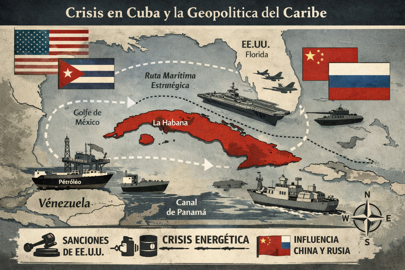 La imagen presenta un mapa geoestratégico de la isla de Cuba en el Caribe. Explica la importancia de Cuba en el comercio internacional.