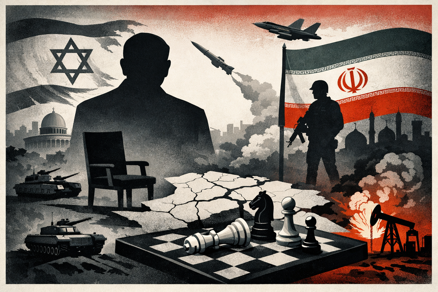 Sombra de Benjamín Netanyahu de espaldas sobre una silla, un tablero de ajedrez en el contexto del conflicto bélico con Irán.
