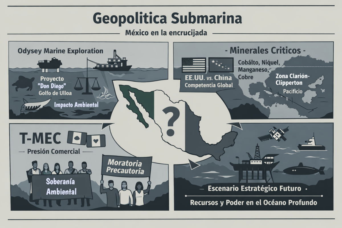 Ilustración vectorial titulada “Geopolítica Submarina: México en la encrucijada”, que representa el conflicto legal con Odyssey Marine, la disputa por minerales críticos entre EE.UU. y China, la presión comercial del T-MEC y los escenarios estratégicos futuros en el océano profundo.