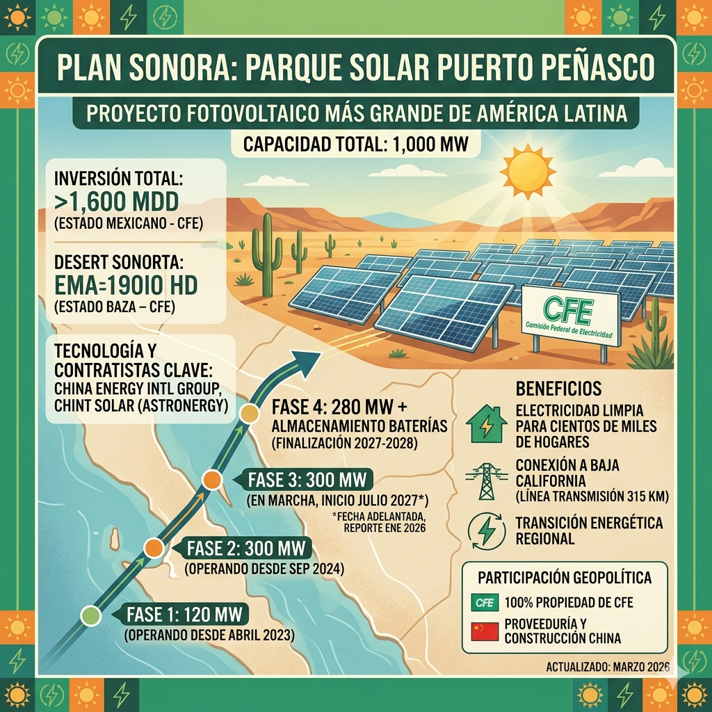 Infografía que describe el Plan Sonora: Puerto Peñasco, inversión, planes y beneficios para México.