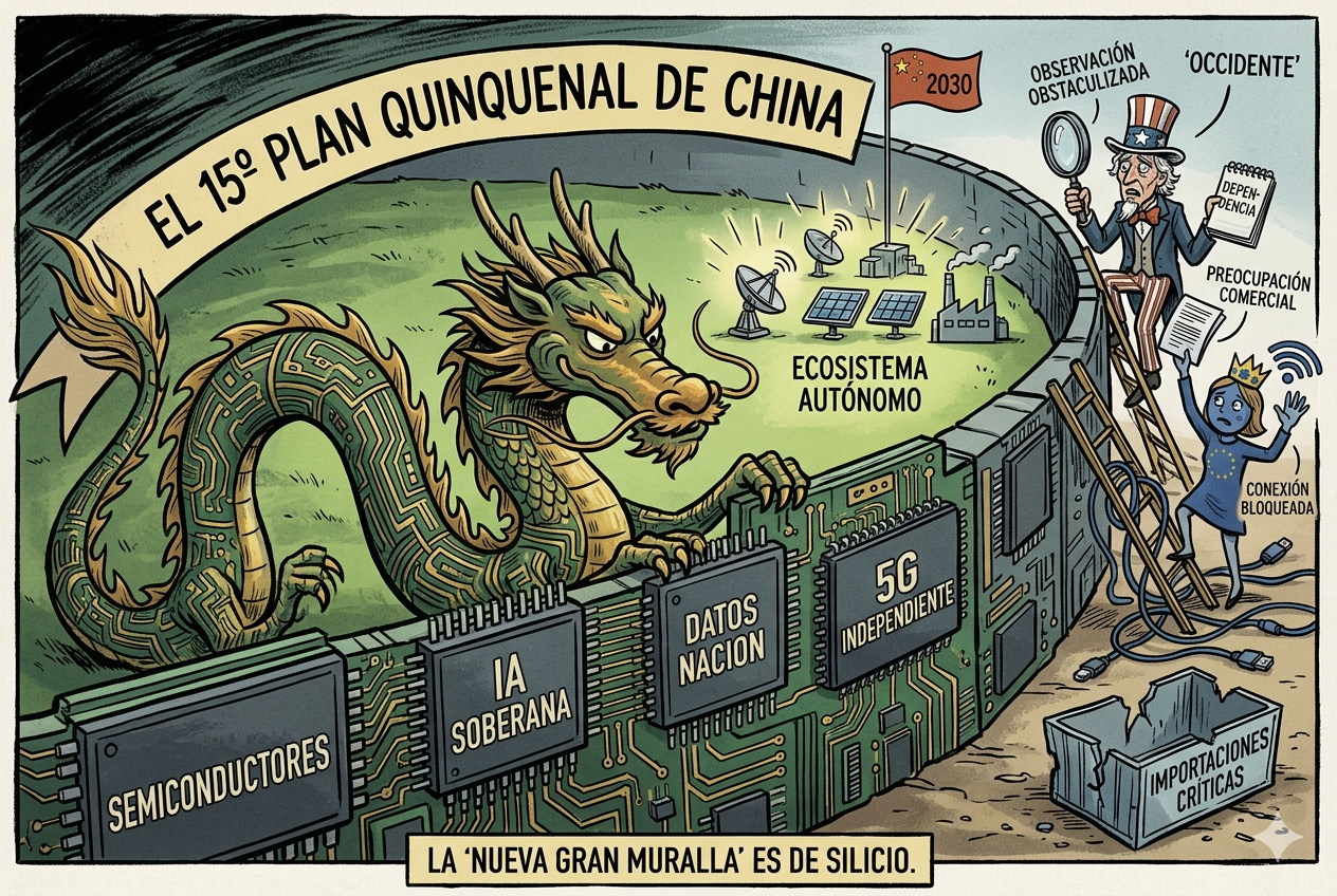 Caricatura editorial de un dragón chino construyendo una muralla con microchips y circuitos integrados, protegiendo un ecosistema tecnológico interno mientras figuras de Occidente observan desde el exterior con cables desconectados.